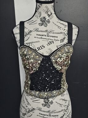 Zara Black Sequin & Multimetal Embellished Crop Top
